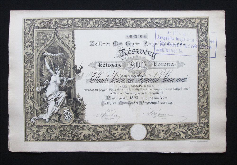 Zellerin M-féle Gyári Részvénytársaság részvény 200 korona 1893